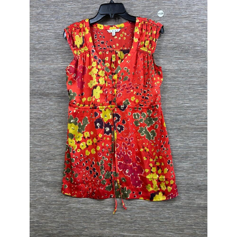 CAbi Tunic Blouse Womens Size S Orange Yellow Wild Flower Satin Tie Waist V-Neck